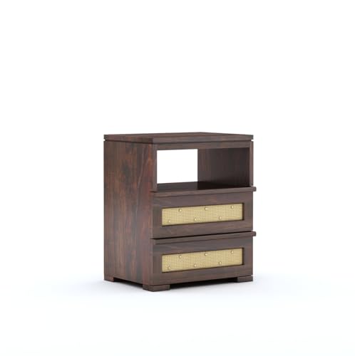 Image of Sheesham Wood Bedside Table with 2 Rattan Cane Drawer and Shelf Storage Nightstand | Multipurpose Wooden Sofa Side End Table Furniture for Bedroom, Living Room, Home, and Hotel (Walnut Finish)