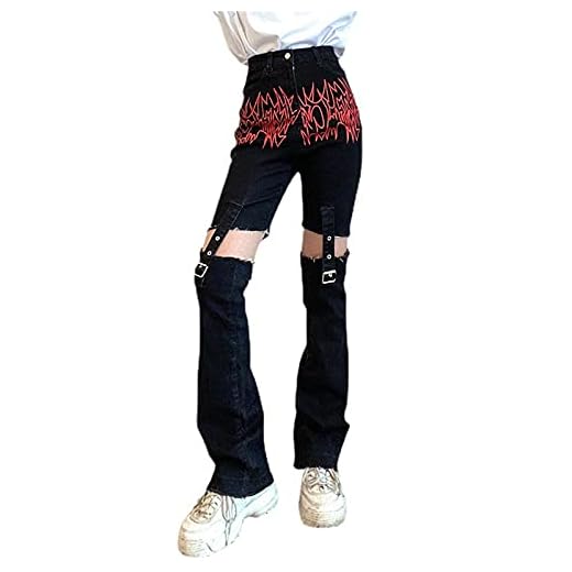 Hål jeans dam hög midja raka jeansbyxor skarvning destroyed hole denim breda benbyxor långa raka byxor mode streetwear casual basic sprickhål säckig jeans, Svart4, L