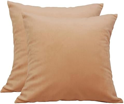 TangDepot Pack of 2 Solid Velvet Throw Pillow Covers, Cushion Shams, Super Luxury Soft Pillow Cases, Square Pillow Shells - (20x20 Inch 2 Pieces, Camel)