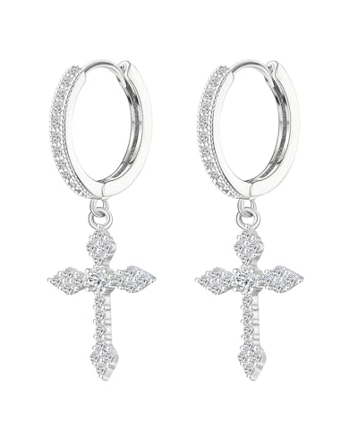 HSIXHAF 1 Paio Argento Sterling 925 Orecchini a Croce Donne Uomini Orecchini a Cerchio in CZ 18K Dainty Huggie Orecchini a Croce Penzolanti Orecchini Leggeri Huggie Argento