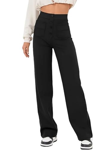 Pantalones Mujer Suelto Rectos Casual Cintura Alta Elástico Anchos con Botones Ligero Cómodo Pantalones con Bolsillos (Negro, XL)