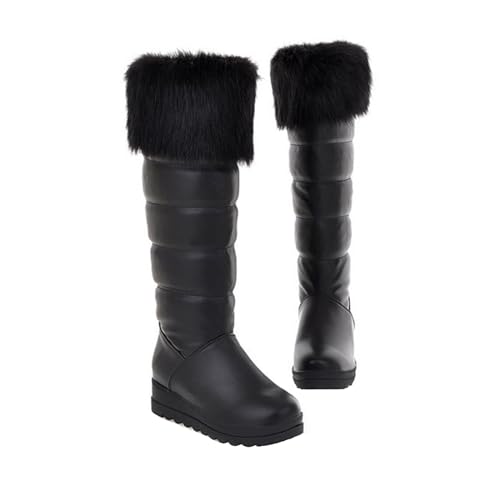 LETCLOCOM Women Winter Warm Fur Lined Knee High Down Snow Boots Outdoor Waterproof Rain Pull-On Cold-Resistant Comfy Platform Walking Snow Boot (Black,8,8)