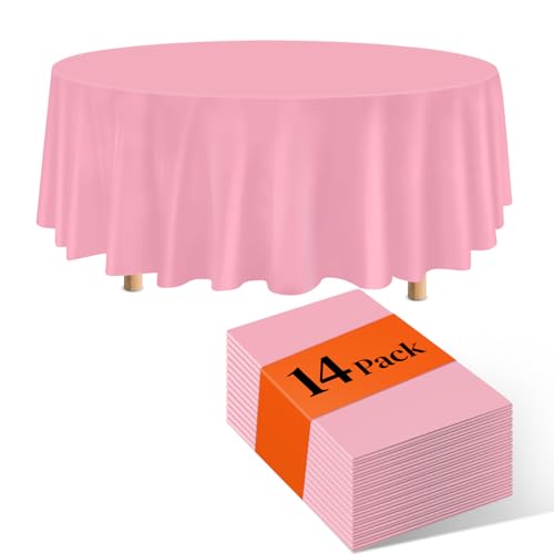 Image of Pink 14 Pack 84 Inch Plastic Tablecloths, Disposable Round Plastic Tablecloth, Party Table Cover Plastic Table Cloth