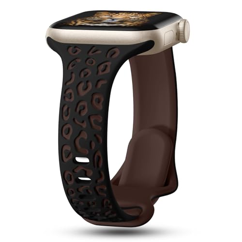 CreateGreat Slim Leopard Engraved Bands Compatible with Apple Watch Band 49mm 45mm 44mm 42mm Women, Narrow Silicone Replacement Strap for iWatch Series 9 8 7 6 5 4 3 2 1,Ultra,SE-Black,Coffee