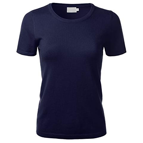 FLORIA Women's Soft Basic Crew Neck Pullover Short Sleeve Knit Sweater Navy XL Cover