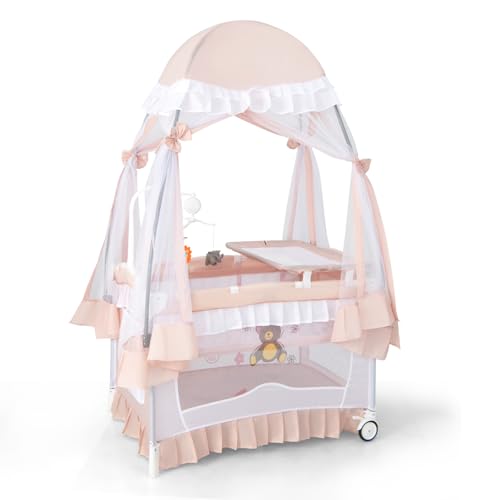 COSTWAY 4 en 1 Lit Parapluie Bébé avec Matelas et Filet Détachable, Lit Bébé Évolutif Pliable...