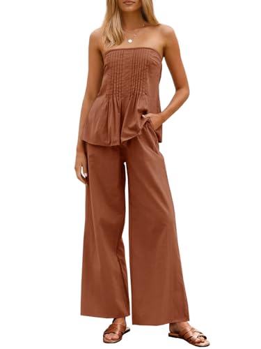 Tankaneo Womens 2 Piece Outfits Summer Strapless Tube Tops Wide Leg Pants Cotton Vacation Pleated Matching Lounge Set