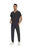 COZYFIT Men Scrubs Set — Stretch V-Neck Scrub Top & Jogger Pant with 8 Pockets, Yoga Waistband, Anti-Wrinkle - Dark Grey, L