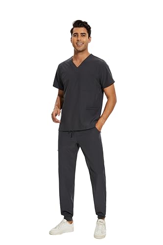 COZYFIT Men Scrubs Set — Stretch V-Neck Scrub Top & Jogger Pant with 8 Pockets, Yoga Waistband, Anti-Wrinkle Scrubs for Men