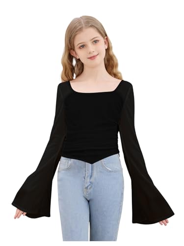 SOLY HUX Girl's 2 Piece Long Sleeve Crop Tops Y2K T Shirts Mesh Ruched Square Neck Tees Cute Clothes4