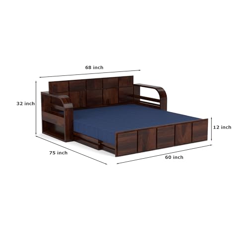 Image of Mamta Furniture Sheesham Wood Sofa Cum Bed with Storage for Living Room Bedroom | Wooden Diwan Sofa Set with Navy Blue Mattress | Solid Wood Sofa Bed in Walnut Finish