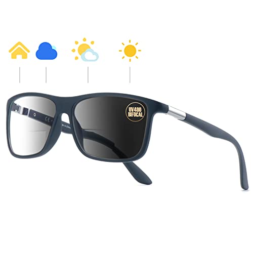 Missfive Photochromic Bifocal Reading Glasses Men Blue Light Protection, Designer Transition Retro Computer Readers Far and Near Dual-Use Lens Stylish Vintage Eyeglasses Matte Gray Eyewear, 2.0x