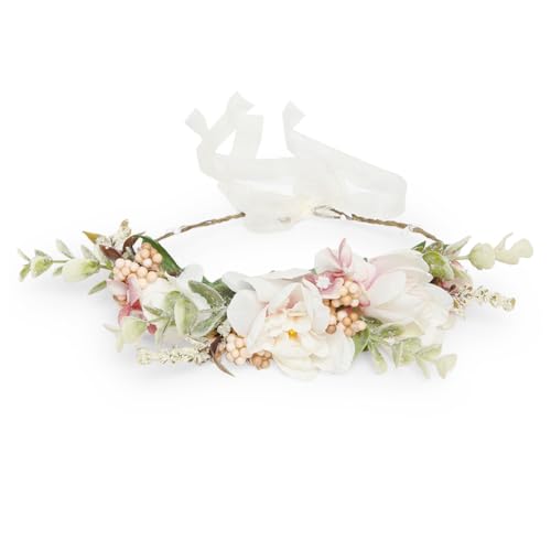 Image of Radhu & Kabby White & Blush Pink Floral Hair Tiara for Women | Delicate Artificial Flower Crown with Ribbon Tie | Elegant Headpiece for Weddings, Parties & Photoshoots | Lightweight | 1 Piece