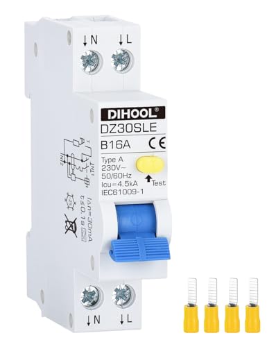 DIHOOL 16A FI/LS Schutzschalter 30mA 0.03 2-polig RCBO B16A Fehlerstromschutzschalter mit 18mm Breite | Bidirektionaler Anschluss FI LS Schalter