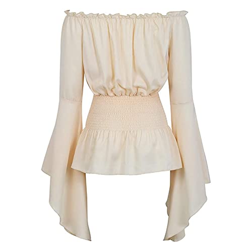 Top elegante de manga larga para mujer, blusa boho top talla grande camiseta gótica volantes pirata falda camisa cosplay top, beige, S