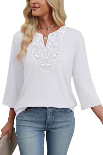 Image of WIHOLL 3 /4 Length Sleeve Womens Tops Boho V Neck Lace Shirt Trendy Blouses Dressy Casual Vacation Clothes S-3XL