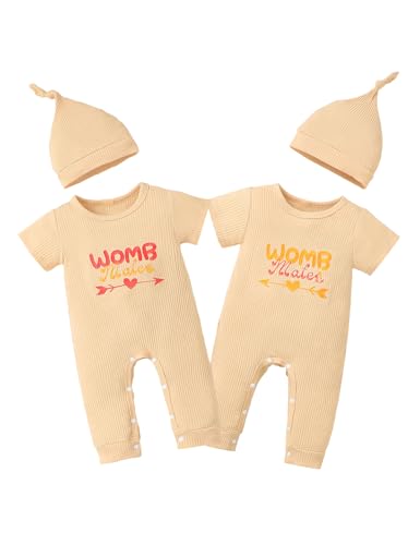 Aslaylme Twin Baby Womb Mates Outfit Unisex Baby Romper Set with Hats Newborn Twins Matching Outfit (Apricot 0-3 Months)