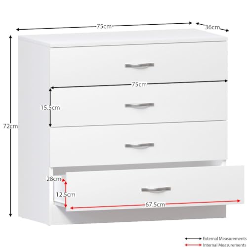 Vida Designs White Chest of Drawers, 4 Drawer With Metal Handles & Runners, Unique Anti-Bowing Drawer Support, Riano Bedroom Furniture - Image 3