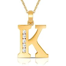 JewelryWeb - Solid 14k Yellow Gold 18" Small Channel-set A-Z Cubic Zirconia Initial Pendant Necklace - 7mm x 14mm - Personalized Necklace for Women - Letter Necklace - Sterling Silver Chain