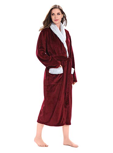 Genuwin Plush Robes for Women, Fluffy Robes Long Soft, Warm Fleece Shawl Kimono Bathrobe Winter House Coat (Wine Red, Small)