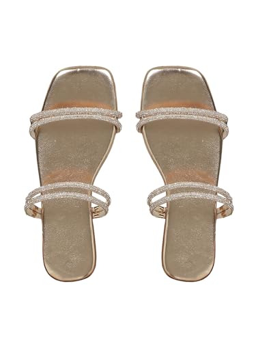 GORGLITTER Women's Metallic Strappy Sandals Dressy Cute Sparkly Slip on Slides Vacation Summer Weeding Flats Sandals