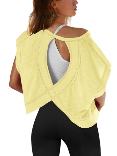 Image of SENSERISE Womens Open Back Workout Tops Backless Short Sleeve Athletic Shirt Running Crop Top Gym Yoga Tee