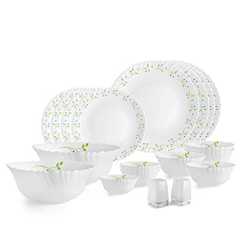 Image of CELLO Tropical Lagoon Dazzle Series Opalware Dinner Set of 20 Pieces For Family of 4 | Bone-Ash Free & Leadfree Opal Glass, Microwave & Dishwasher Safe Plates & Bowls Crockery Set For Dining & Gifting