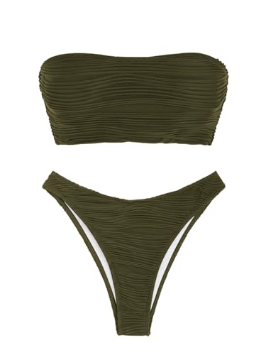 Image of ZAFUL Women Strapless Textured Bandeau Bikini 2 Piece Swimwear Cheeky Solid Lace up Bathing Suits