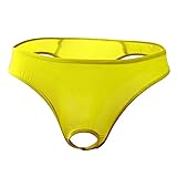 Men's Ice Silk Front Hole Thongs See Through Smooth G-String Bikini Underwear Sexy Mini T-Back Bikini Big Pouch Briefs (Yellow,Free Size)