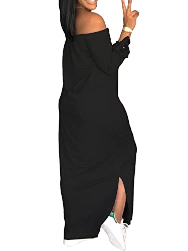 Image of Women's Casual Off Shoulder Maxi Dress - African Print Summer Loose Long Sleeve Tunic T Shirt Dresses with Pockets
