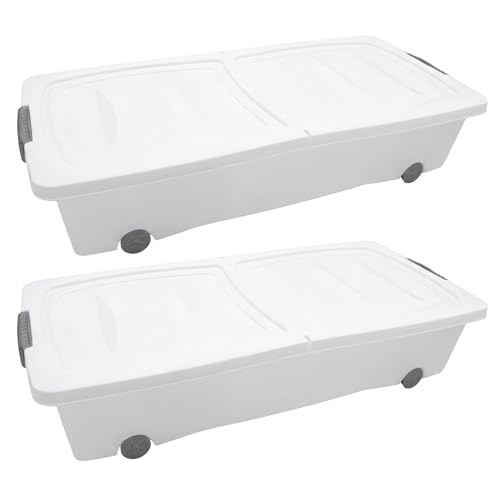 Spetebo Cajonera XXL para debajo de la cama con cierre plegable, juego de 2 unidades, 40 litros, caja enrollable con tapa dividida en dos partes, color blanco, caja de almacenamiento universal para