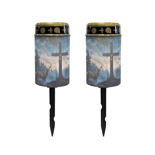 Image of Poceacles 2 Pieces Cross Solar Powered Outdoor Lights Cemetery Solar Candle Solar Memorial Lights Outdoor Waterproof Landscape Lights for Yard Patio Lawn Outdoor Home Decor, Deer Cross Galaxy Blue