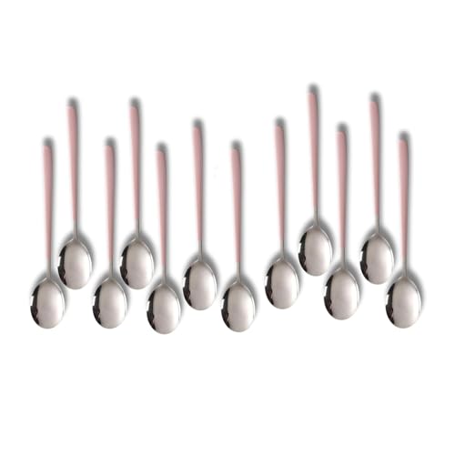 Image of Stainless Steel Dinner /Table Spoons, Silver Elliptical Head, Spoon Set, Length 21 cm (12 Pieces Pink Spoon)
