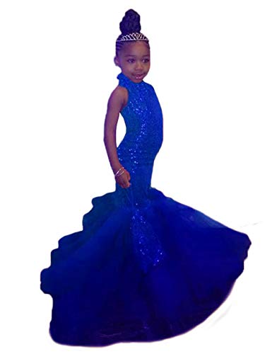 2025 Halter Mermaid Girls Pageant Dresses Prom Gowns Sparkly Sequin Tulle Little Girls Formal Party Dress ME080 Royal Blue