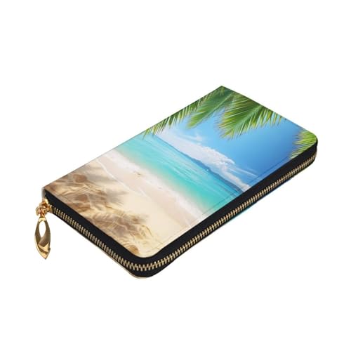 Ocean Sea Beach Palm Leaves Wallet for Men Women Long Purse Leather Clutch Large Business Handbag Travel Phone Holder Credit Card Holder Money Case with Zipper Leather Wallets Gift3