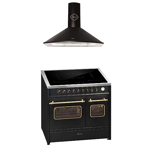 GURARI Induktions-Standherd E 913 DF RU BL+GCH 046 Bl 9, Retro Elektro Standherd 90 cm, Range Coocker mit FLEX Induktion+Dunstabzugshaube 90 cm