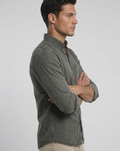 Image of Amazon Brand - INKAST Men Washed Cotton Twill Denim Casual Button Down Shirt | Full Sleeves | Regular Fit | Stylish Summer - Everyday Wear