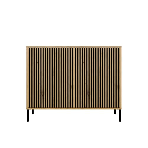 KOBI Commode Moderne KAMARO 2D Slim avec façades cannelées, système Tip-on, 4 étagères, Pieds en métal, Style loft/scandinave/Industriel, Meuble pour Le Salon, la Chambre ou Le Bureau