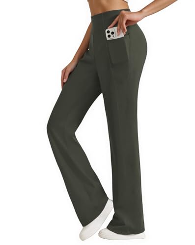 Womens High Waist Yoga Pants Stretchy Casual Trousers Straight Leg Pull On Side Pockets - Image 3