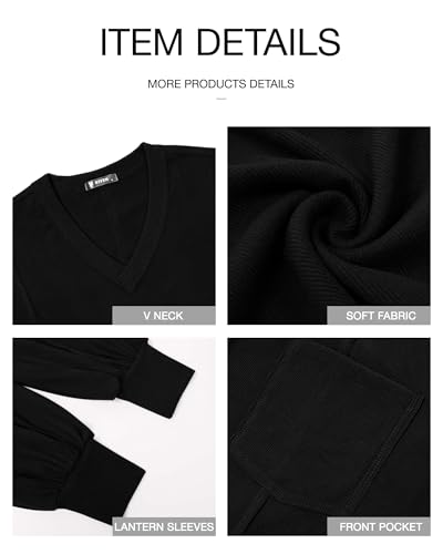 BTFBM Womens Fall Fashion 2025 Long Sleeve Shirts Casual V Neck Ribbed Knit Blouses Pullover Trendy Loose Fit Tunic Tops(Black, Small)