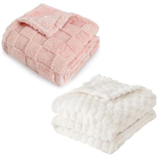 Image of HOMRITAR 2 Pack 3D Gingham Fleece Baby Blanket + 3D Imitation Turtle Shell Jacquard Bed Blankets Pink and Cream 30 x 40 Inch
