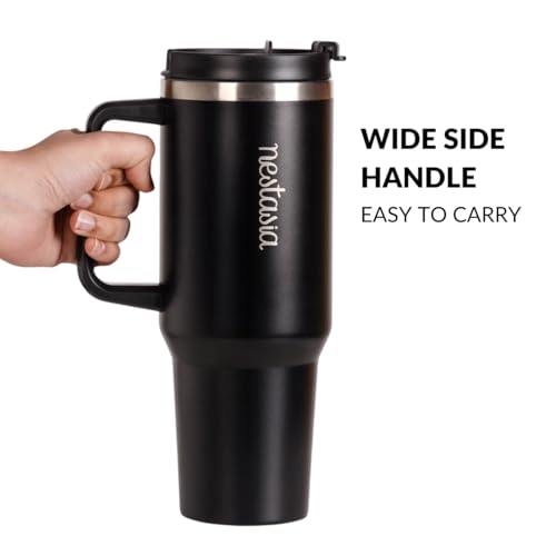 Image of Nestasia GripSip40 Tumbler with Straw & Side Handle 1.2L | Insulated Stainless Steel Sipper Water Bottle for Adults with Dual Flip Opening Sip-Swig Leakproof Lid for Office & Gym (Black Noir)