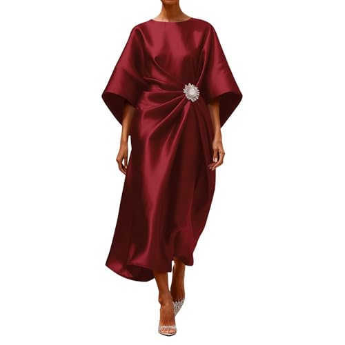 Image of TURWXGSO Wedding Guest Dress for Women UK Crew Neck Satin Dress Casual Batwing Sleeve Maxi Dress Elegant Summer Dresses with Rhinestone Waist Brooch Party Evening Occasion Wear