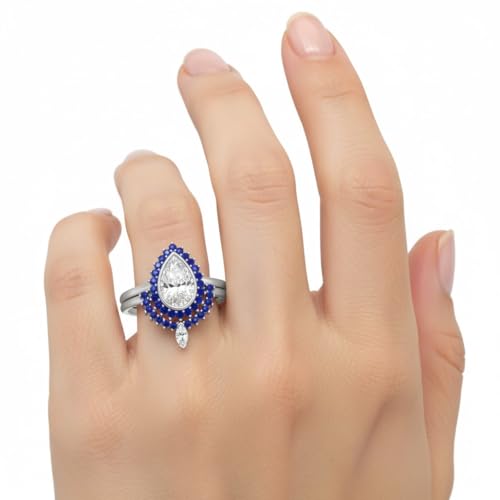 Image of 55Carat Choose Your Gemstone Bezel Pear Shape Halo CZ Diamond CZ Ring Sterling Silver Pear Shape Wedding Ring Sets Ornaments Surprise for Wife Symbol of Love Clarity Comfortable US Size 4 to 12