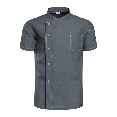 Chaqueta Chef para Hombres y Mujeres Camisa de Cocinero de Manga Corta, Uniforme de Cocina Transpirable,Ropa de Trabajo(Gray,3XL)