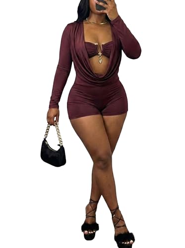 LOWAKAR Women Sexy Long Sleeve Romper Deep V Cowl Neck Bodycon Jumpsuit Metal Buckle Cutout Clubwear Y2K(WineRed L)
