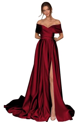 Infuness Damen Abschlusskleider Lang mit Taschen Off Shoulder Satin Ballkleider mit Korsett A-Linie Formelle Party Abendkleid