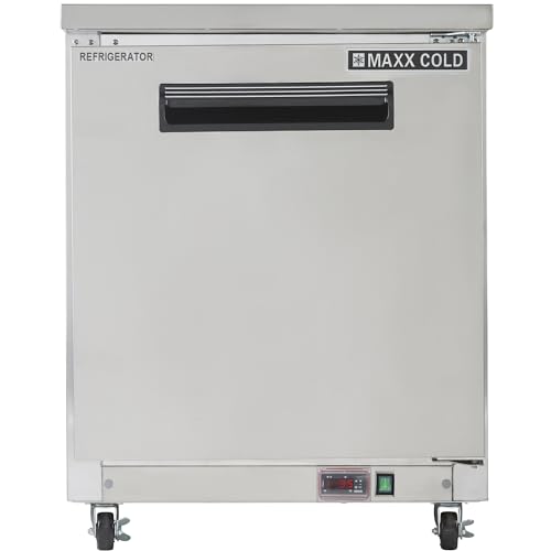 Maxx Cold MXCR27UHC Commercial Undercounter Refrigerator Featuring Single Stainless Steel Door Swivel Casters and Epoxy Coated Wire Shelf, 6.5-Cu.Ft., Metallic