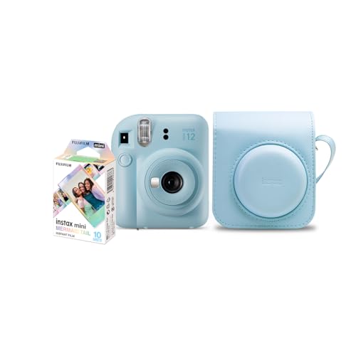 Kit Câmera Instax Mini 12 com pack 10 fotos Mermaid Tail e Bolsa Azul