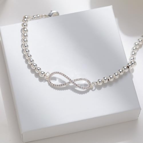 925 Sterling Silver Beaded Bracelet for Women, Infinity Symbol Adjustable Chain, Dainty Minimalist Jewelry Gift for Her4